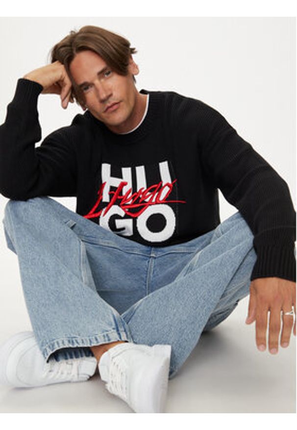 Hugo Sweter 50524553 Czarny Regular Fit. Kolor: czarny. Materiał: bawełna