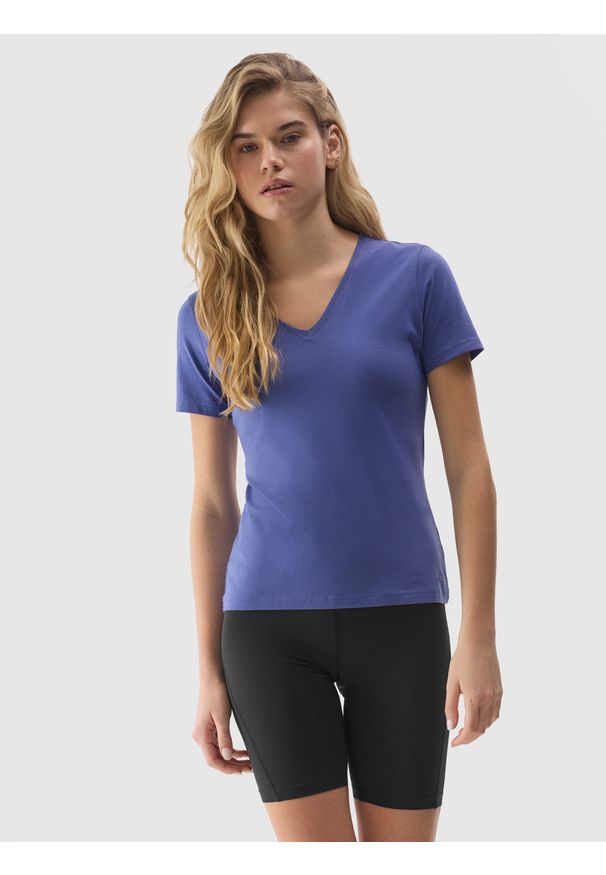 4f - 4F T-shirt gładki z bawełną organiczną damski - granatowy M. Okazja: na co dzień. Typ kołnierza: dekolt w serek. Kolor: niebieski. Materiał: bawełna. Wzór: gładki. Styl: sportowy, casual