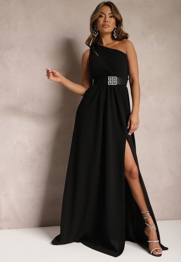 Renee - Czarna Asymetryczna Sukienka Rozkloszowana Maxi Adavia. Okazja: na co dzień, na imprezę. Kolekcja: dla wysokich. Kolor: czarny. Typ sukienki: asymetryczne. Styl: elegancki, casual. Długość: maxi