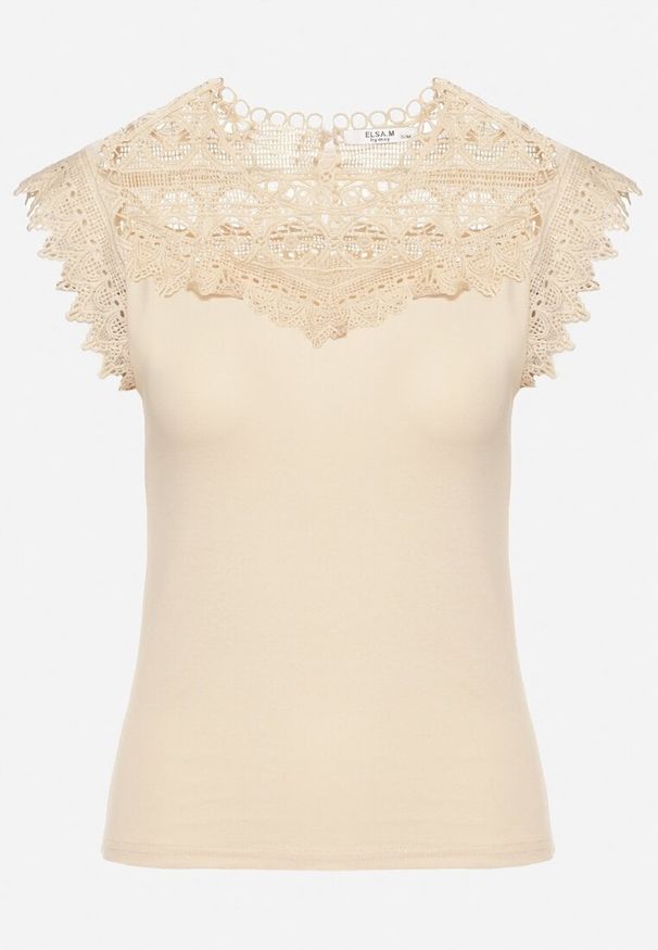 Born2be - Beżowy Top z Bawełny Ozdobiony Koronką Liriona. Okazja: na co dzień. Kolor: beżowy. Materiał: bawełna, koronka. Wzór: aplikacja, koronka. Styl: casual, elegancki