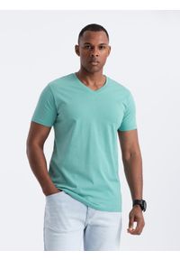 Ombre Clothing - Męska klasyczna bawełniana koszulka z dekoltem w serek BASIC – turkusowa V15. Typ kołnierza: dekolt w serek. Kolor: turkusowy. Materiał: bawełna. Wzór: ze splotem, jednolity. Styl: klasyczny #3