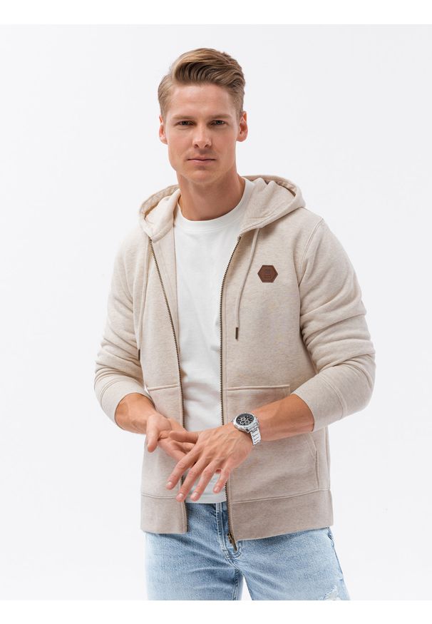 Ombre Clothing - Rozpinana bluza męska HOODIE z przyjemnej dzianiny - kremowy melanż V1 OM-SSZP-0116 - XXL. Kolor: kremowy. Materiał: dzianina. Wzór: melanż