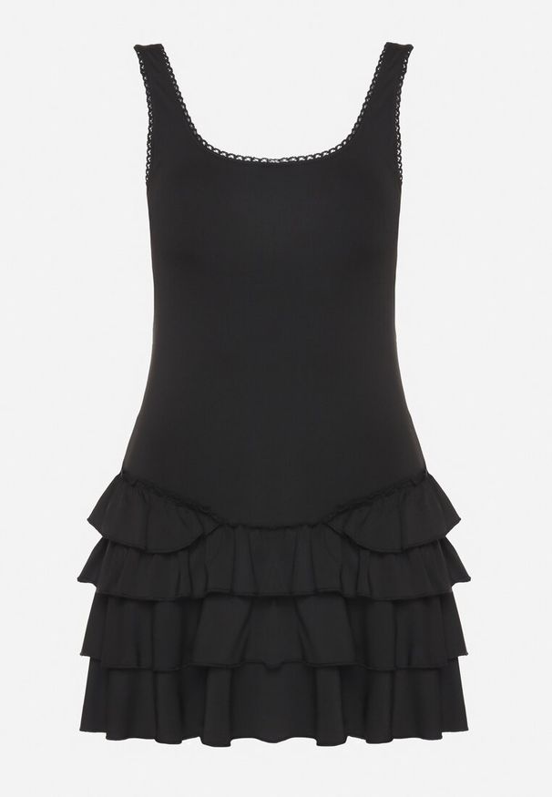 Born2be - Czarna Sukienka z Wiskozą Ozdobiona Falbankami Ovinia. Okazja: na co dzień. Typ kołnierza: kołnierz z falbankami. Kolor: czarny. Materiał: wiskoza. Długość rękawa: na ramiączkach. Wzór: aplikacja. Styl: casual