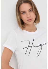 Hugo - HUGO t-shirt bawełniany kolor biały. Kolor: biały. Materiał: bawełna. Wzór: nadruk