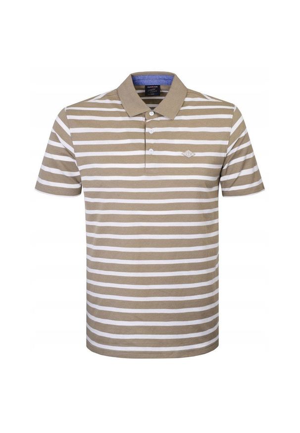 Koszulka Polo - Męska - Pako Jeans - Beżowa w Biały Prążek. Okazja: na co dzień. Typ kołnierza: polo. Kolor: wielokolorowy, beżowy, brązowy. Materiał: bawełna. Wzór: paski, prążki. Styl: casual