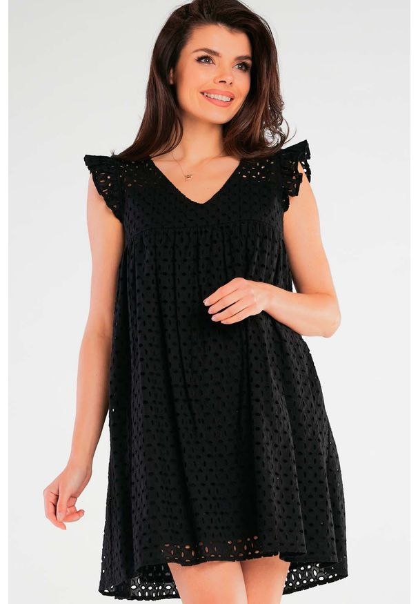 Awama - Krótka Sukienka w Klimacie Boho - Czarna. Kolor: czarny. Materiał: bawełna. Styl: boho. Długość: mini