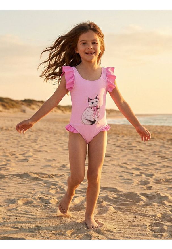 Sinsay - Strój kąpielowy z kokardą na plecach i falbankami - różowy. Kolor: różowy