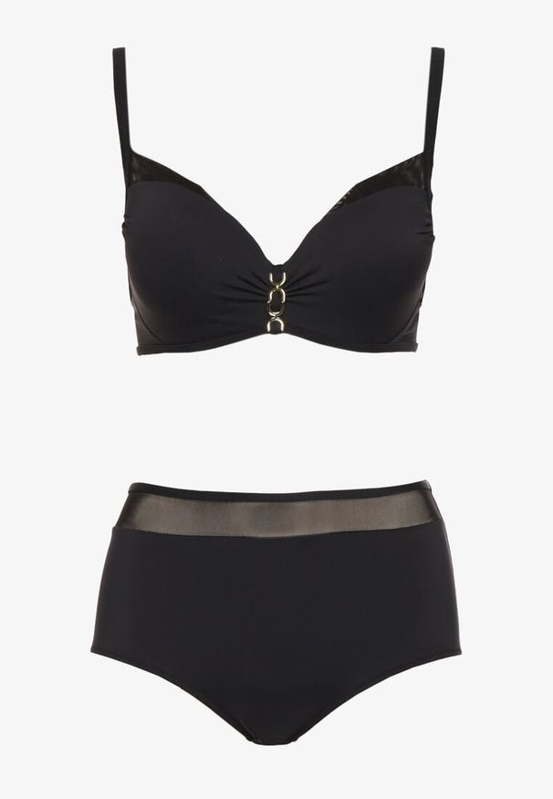 Born2be - Czarne Bikini Biustonosz z Metaliczną Aplikacją i Majtki Figi Iffonavia. Kolor: czarny. Materiał: len. Wzór: aplikacja