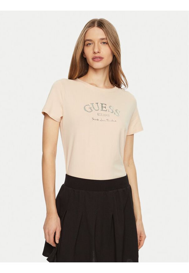 Guess T-Shirt V5RI16 J1314 Beżowy Regular Fit. Kolor: beżowy. Materiał: bawełna