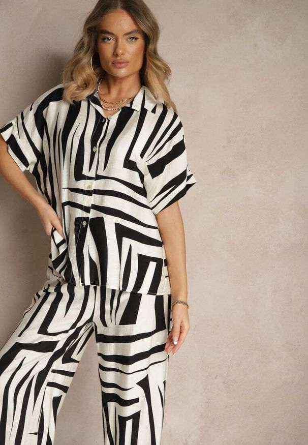 Renee - Czarno-Biały Komplet o Kroju Oversize z Lnem Koszula i Szerokie Spodnie Miravinia. Kolor: czarny. Materiał: len