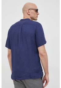 TOMMY HILFIGER - Tommy Hilfiger koszula lniana kolor granatowy regular ze stójką. Typ kołnierza: kołnierzyk stójkowy. Kolor: niebieski. Materiał: len. Długość rękawa: krótki rękaw. Długość: krótkie #4