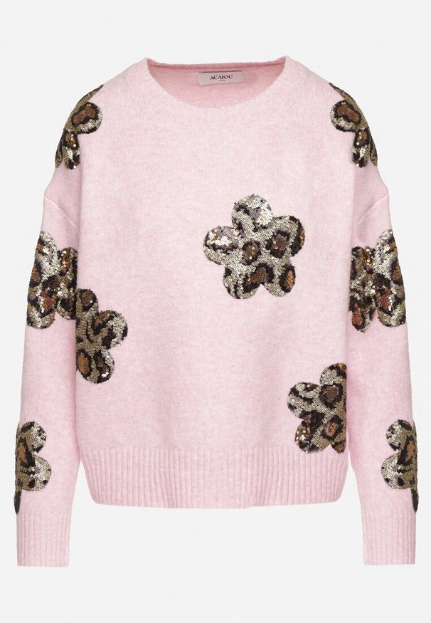 Born2be - Różowy Sweter z Kwiatowymi Naszywkami i Cekinami Ciadora. Okazja: na co dzień. Kolor: różowy. Materiał: jeans. Wzór: aplikacja, kwiaty. Styl: elegancki, casual