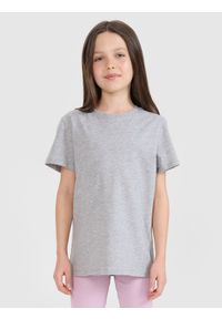 4f - 4F T-shirt regular gładki dziewczęcy - szary 134 (8-9 lat). Okazja: na co dzień. Kolor: szary. Materiał: bawełna, jersey, dzianina. Długość rękawa: krótki rękaw. Długość: krótkie. Wzór: gładki. Sezon: lato. Styl: sportowy, klasyczny, casual