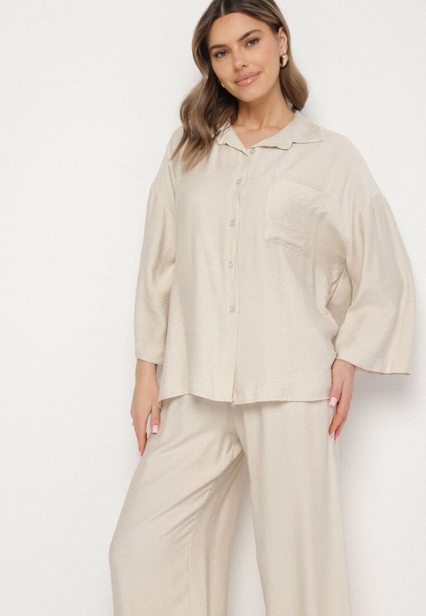 Born2be - Beżowy Komplet z Wiskozy Szerokie Spodnie i Koszula Oversize Zivora. Kolor: beżowy. Materiał: wiskoza