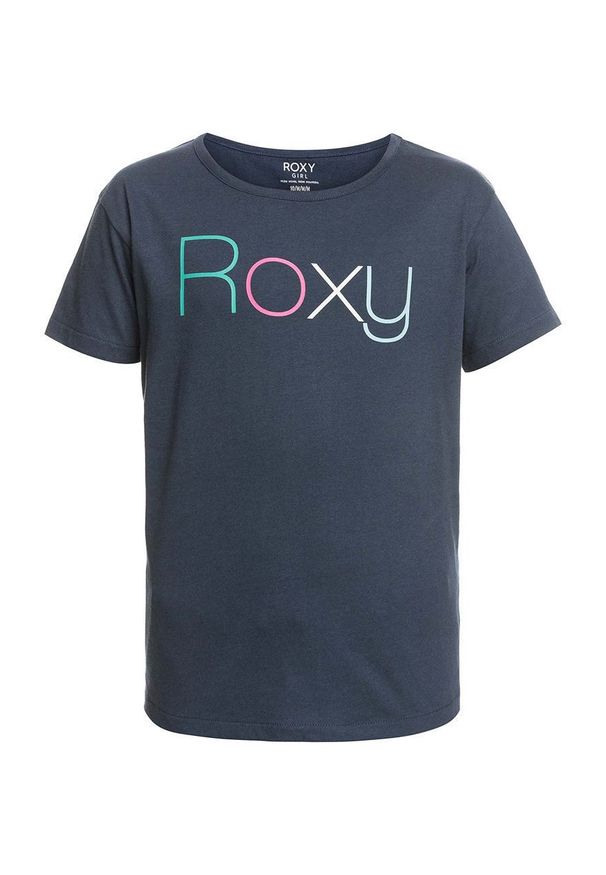 Roxy t-shirt bawełniany dziecięcy kolor granatowy. Okazja: na co dzień. Kolor: niebieski. Materiał: bawełna. Wzór: nadruk. Styl: casual