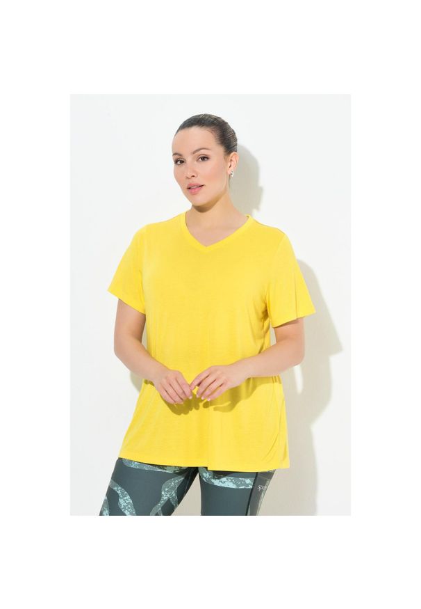 ULLA POPKEN - Damskie Bluzka funkcyjna antybakteryjny materiał dekolt w serek rękaw 1/2. Typ kołnierza: dekolt w serek. Kolekcja: plus size. Kolor: żółty. Materiał: wiskoza, poliester, materiał