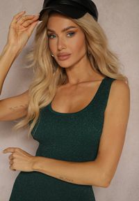 Renee - Ciemnozielona Elastyczna Sukienka Dopasowana z Metaliczną Nicią Neremia. Okazja: na co dzień. Kolor: zielony. Materiał: materiał. Styl: klasyczny, casual