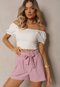 Renee - Jasnofioletowe Szorty Bermudy High Waist z Dodatkiem Bawełny Wiązane w Pasie Quisevia. Stan: podwyższony. Kolor: fioletowy. Materiał: bawełna. Sezon: lato