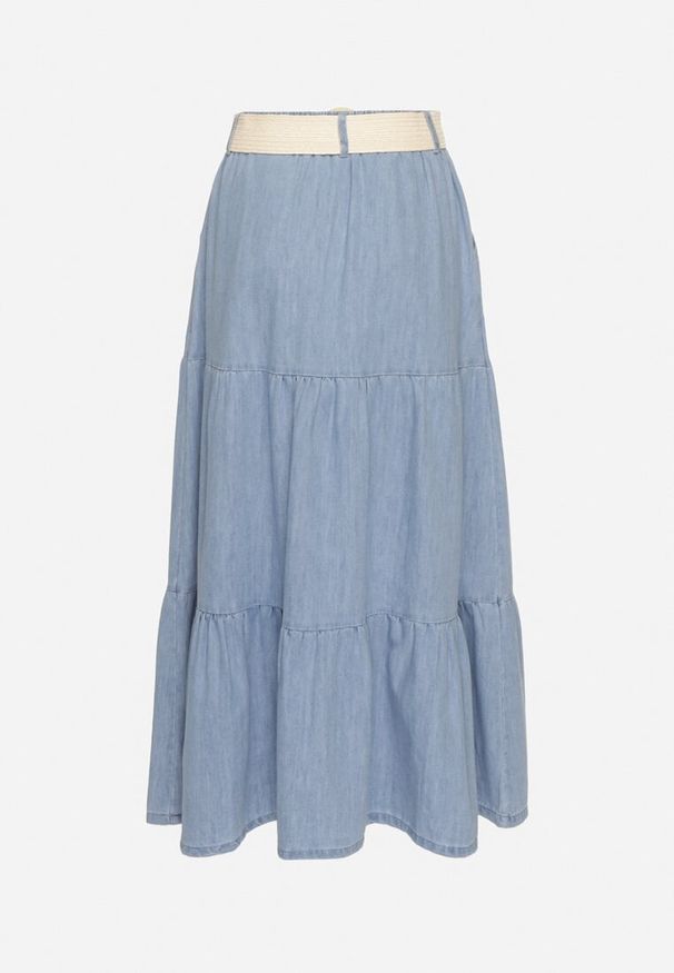 Born2be - Niebieska Bawełniana Spódnica Jeansowa Rozkloszowana z Paskiem i Ozdobnymi Guzikami Natenelia. Okazja: na co dzień. Stan: podwyższony. Kolor: niebieski. Materiał: jeans, bawełna. Styl: elegancki, casual