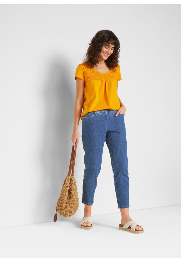 bonprix - Spodnie Straight, mid waist, z wygodnym paskiem (2 pary). Kolor: niebieski