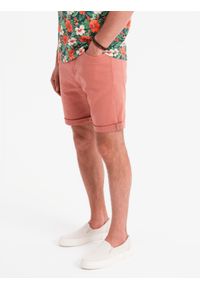 Ombre Clothing - Męskie jeansowe klasyczne szorty z podwiniętą nogawką – koralowe V6 - Rozmiar: L. Kolor: pomarańczowy. Materiał: jeans. Sezon: lato. Styl: klasyczny #7