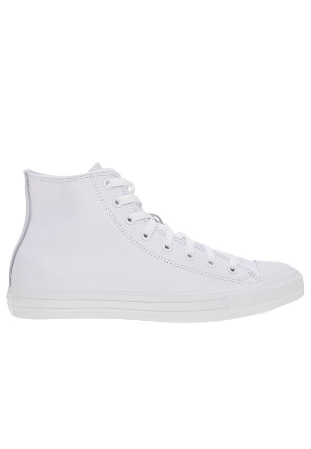 Buty Converse Chuck Taylor All Star Hi Mono Leather 1T406 - białe. Kolor: biały. Materiał: skóra, guma. Szerokość cholewki: normalna. Wzór: aplikacja. Model: Converse All Star