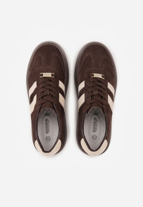 Renee - Ciemnobrązowe Sneakersy na Platformie ze Skóry Naturalnej Ozdobione Paskami Sovimi. Okazja: na co dzień. Zapięcie: pasek. Kolor: brązowy. Materiał: skóra. Wzór: aplikacja. Obcas: na platformie