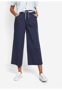 bonprix - "Spodnie bawełniane culotte ""papertouch"" z wygodnym paskiem". Kolor: niebieski. Materiał: bawełna. Styl: sportowy