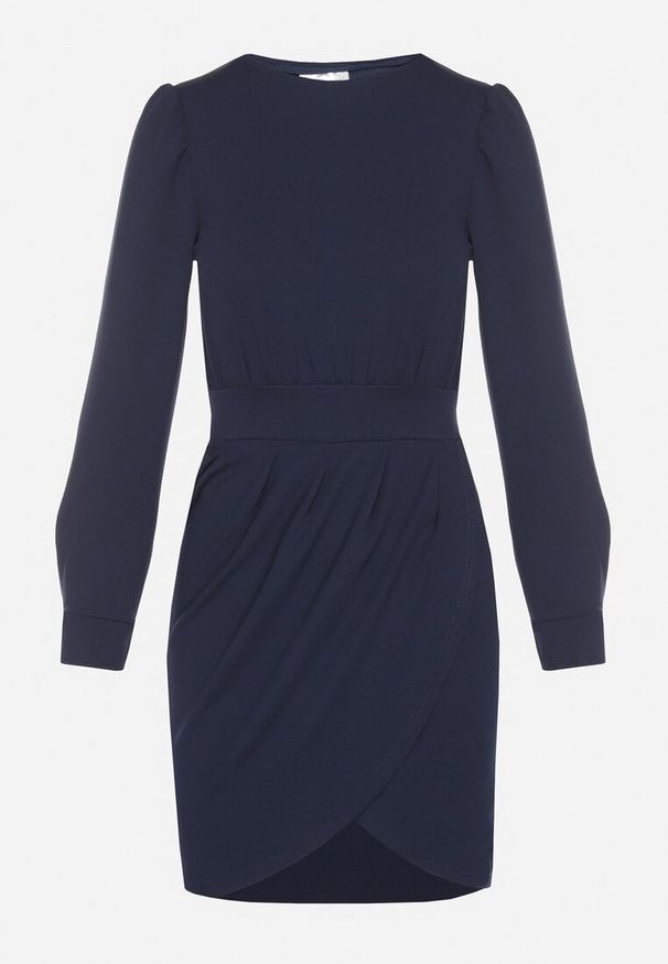 Born2be - Granatowa Sukienka z Marszczeniem i Bufiastymi Rękawami Redenia. Kolor: niebieski. Styl: elegancki, klasyczny