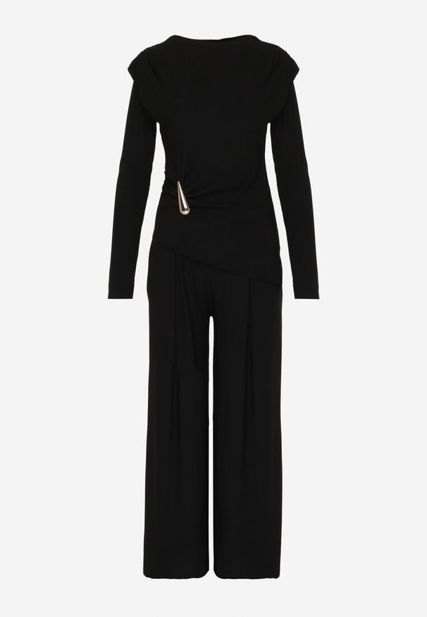 Renee - Czarny Elegancki Komplet Spodnie Wide Leg i Bluzka z Poduszkami w Ramionach Sewinea. Kolor: czarny. Wzór: aplikacja