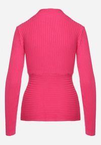 Born2be - Fuksjowy Dopasowany Sweter w Prążki z Kopertowym Dekoltem Masasani. Kolor: różowy. Materiał: bawełna. Wzór: prążki #2