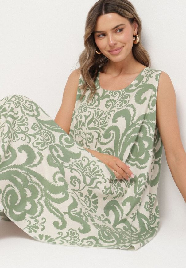 Born2be - Zielona Bawełniana Sukienka ze Wzorem Paisley Zirelia. Okazja: na co dzień. Typ kołnierza: dekolt w serek. Kolor: zielony. Materiał: bawełna. Wzór: paisley. Sezon: lato. Styl: casual