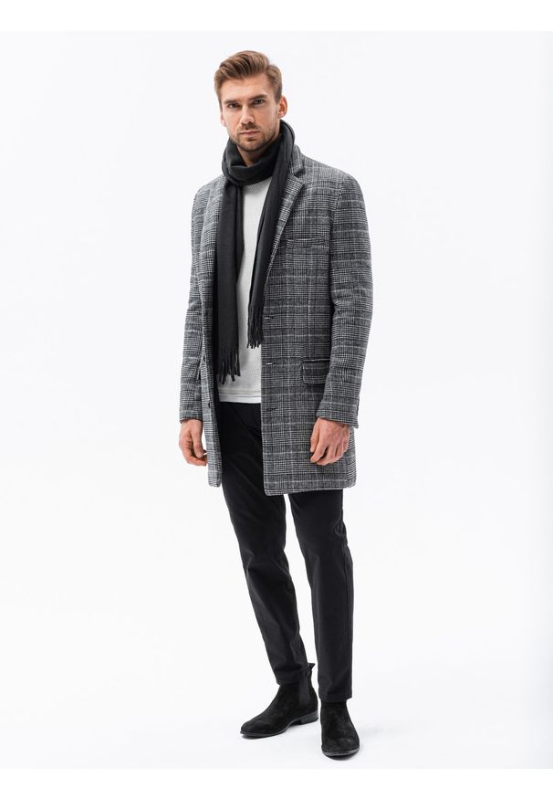 Ombre Clothing - Jednorzędowy płaszcz męski w kratę - czarny V2 C499 - XXL. Kolor: czarny. Materiał: poliester, akryl