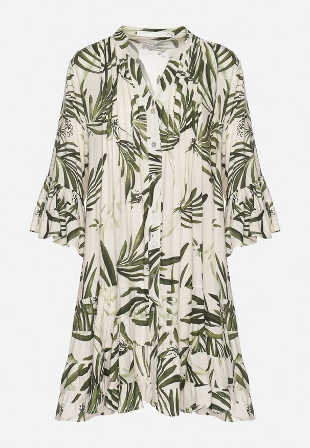 Born2be - Zielona Sukienka z Wiskozy o Rozkloszowanym Kroju z Falbanami w Roślinny Wzór Ridiara. Okazja: na imprezę, na co dzień. Typ kołnierza: dekolt w serek. Kolor: zielony. Materiał: wiskoza. Typ sukienki: rozkloszowane. Styl: klasyczny, casual, elegancki