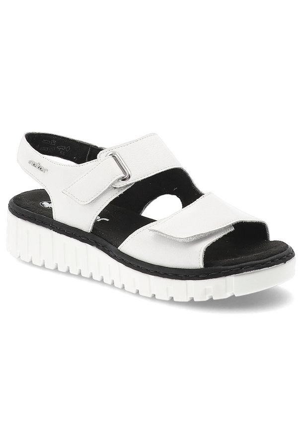 Sandały damskie Rieker, cholewka ze skóry naturalnej z materiałowym wnętrzem zapinane na rzep, białe, V1382-80. Zapięcie: rzepy. Kolor: biały. Materiał: skóra, materiał