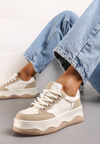 Renee - Beżowo-Brązowe Skórzane Sneakersy na Niskiej Platformie z Perforacją Liorras. Kolor: beżowy. Materiał: skóra. Obcas: na platformie #5