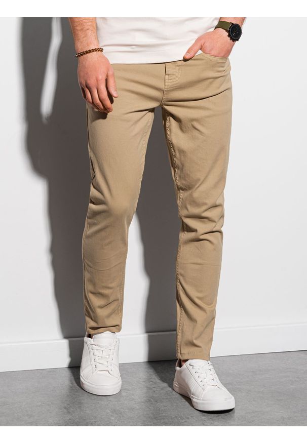 Ombre Clothing - Spodnie męskie chino P990 - ciemnobeżowe - XXL. Kolor: beżowy. Materiał: bawełna, elastan