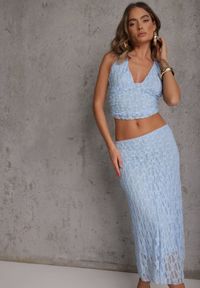 Renee - Niebieski Komplet z Koronki Spódnica i Top z Wiązaniem na Szyi Dainetia. Kolor: niebieski. Materiał: koronka. Wzór: koronka #4