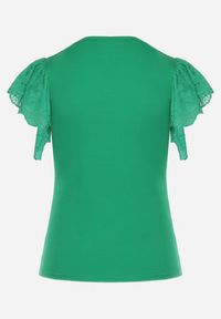 Born2be - Zielona Bawełniana Bluzka z Haftowanym Materiałem na Rękawach Alvine. Kolor: zielony. Materiał: materiał, bawełna. Wzór: haft #3