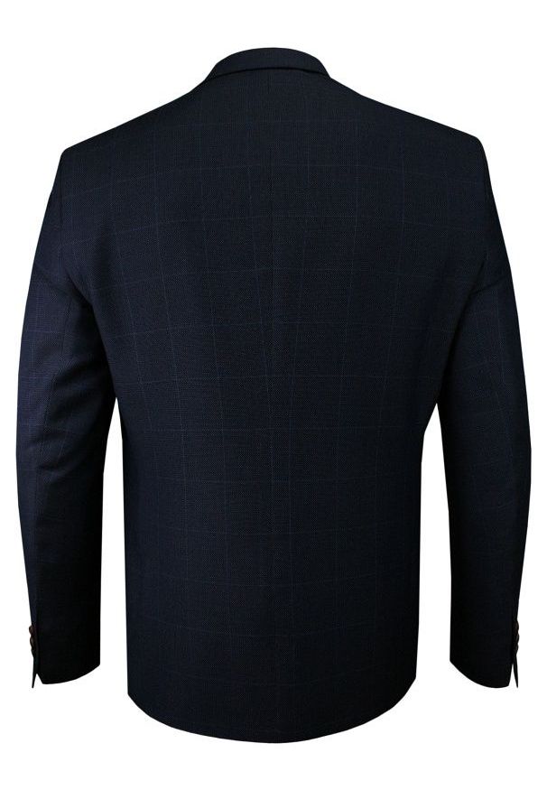 Casino - Granatowa Elegancka Marynarka -CASINO- Taliowana, 2 Guziki, w Delikatną Grubą Kratkę, Dwa Rozcięcia. Kolor: niebieski. Materiał: wiskoza, poliester, wełna. Wzór: kratka. Styl: elegancki