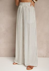 Renee - Biało-Niebieskie Szerokie Spodnie High Waist w Paski z Bawełny Silorea. Okazja: na co dzień. Stan: podwyższony. Kolor: biały. Materiał: bawełna. Wzór: paski. Styl: elegancki, casual #5