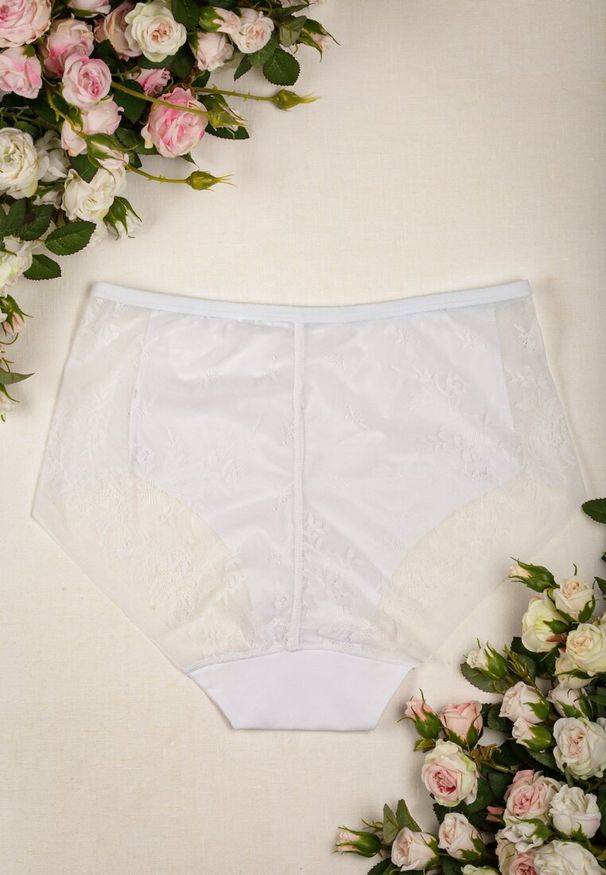 Renee - Białe Majtki z Wysokim Stanem Ozdobione Koronką Chesen. Stan: podwyższony. Kolekcja: plus size. Kolor: biały. Materiał: koronka. Wzór: koronka, aplikacja