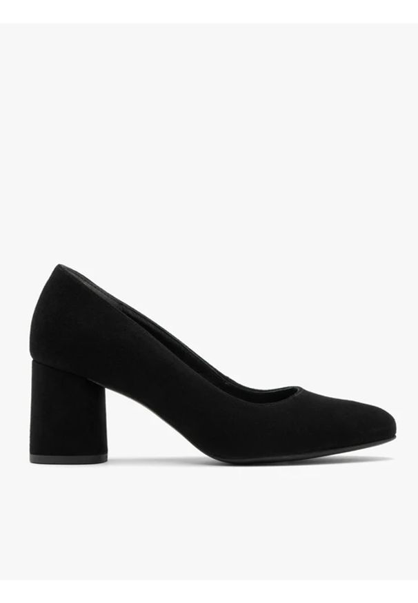 Ryłko - Czarne welurowe czółenka damskie. Nosek buta: okrągły. Kolor: czarny. Materiał: welur, skóra. Obcas: na obcasie. Styl: street. Wysokość obcasa: średni