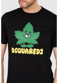 DSQUARED2 Czarny męski t-shirt z logo i zielonym liściem, Rozmiar XL. Kolor: czarny