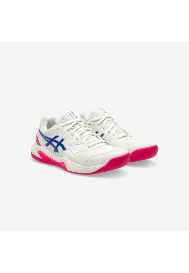 Buty tenisowe damskie Asics Gel Dedicate 8 na nawierzchnię dywanową. Kolor: niebieski, biały, różowy, wielokolorowy. Materiał: syntetyk, skóra. Szerokość cholewki: normalna. Sport: tenis
