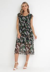 Born2be - Czarna Sukienka Gobney. Kolor: czarny. Materiał: wiskoza, materiał, tkanina. Długość rękawa: krótki rękaw. Wzór: kwiaty. Długość: midi #6