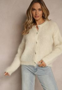 Renee - Jasnobeżowy Kardigan z Moheru w Eleganckim Stylu Koriano. Kolor: beżowy. Materiał: moher. Długość rękawa: długi rękaw. Długość: długie. Styl: elegancki #5