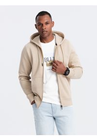Ombre Clothing - Rozpinana męska bluza dresowa BASIC – beżowa V6. Okazja: na co dzień. Typ kołnierza: kaptur. Kolor: beżowy. Materiał: dresówka. Styl: casual #10