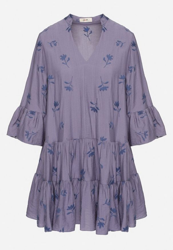 Born2be - Niebieska Sukienka z Wiskozą o Rozkloszowanym Kroju z Haftem i Falbankami Axneria. Okazja: na co dzień. Typ kołnierza: kołnierz z falbankami. Kolor: niebieski. Materiał: wiskoza. Wzór: haft. Typ sukienki: rozkloszowane. Styl: klasyczny, casual