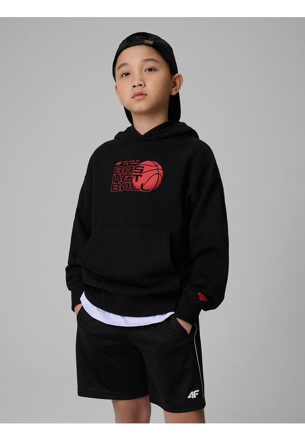 4f - 4F Bluza dresowa loose z kapturem chłopięca - czarna 122/128 (6-8 lat). Okazja: na co dzień, na uczelnię. Typ kołnierza: kaptur. Kolor: czarny. Materiał: dresówka. Sezon: lato. Styl: casual, klasyczny